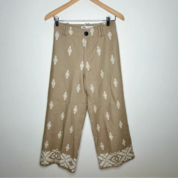 ZARA TAN LINEN BLEND EMBROIDERED WIDE LEG CULOTTE PANTS XS - Picture 2 of 6